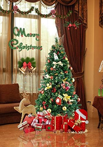 עץ חג המולד המלאכותי של Gojooasis עם נורות LED תלויות עם עמדת מתכת עץ אורן חג המולד ירוק