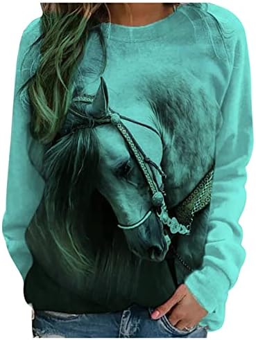 חולצות מודפסות סוס תלת מימדי לנשים נופלות חולצה שרוול ארוך אופנה רגלן צווארון סווטשירט סווטשירט בגדי בעלי חיים
