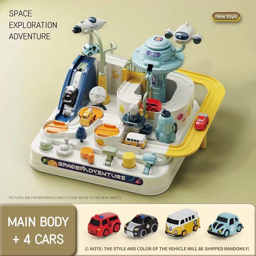 צעצועי Yohencin לבנים בני 3 ， מסלול מירוץ לרכב לילדים עם 4 כלי רכב, נושא הרפתקאות חקר החלל מתנה אידיאלית