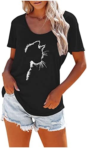 חולצת טריקו של צוואר הנשים חולצת טריקו לחתול חמוד צמרות רופפות מתיחה כתף אחת חולצות טי חולצות שרוול קצר