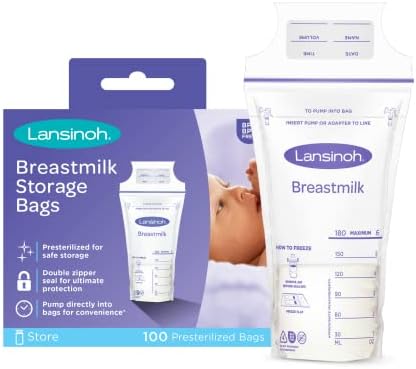 שקיות אחסון של חלב חלב של Lansinoh, 100 ספירה, 6 אונקיה, שקיות אחסון חלב קלות לשימוש, לקירור והקפאה ולנולין