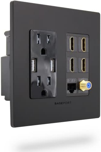 Baseport Premium Media Outlet צלחת קיר - 4.2a שקע קיר USB כפול USB יציאות, 15A שקע חשמל כפול, 4 שקע אבן מפתח, קואקסיאלי