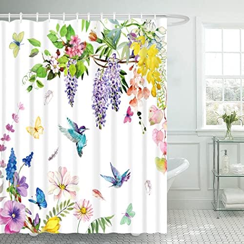 Cyrekud 72 x 72 וילון מקלחת Hummingbird קפיץ ציפור פרחים פרחים פרחים סט אמבטיה עץ וינטג