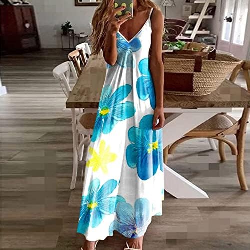 נשים של קיץ ארוך שמלות 2023 מזדמן ספגטי רצועת פרחוני צווארון שרוולים גבוהה מותן חוף מקסי שמלה