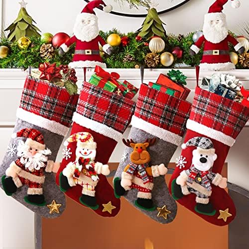 גרבי חג המולד של באפלו אדום לאספרל סט של 4, גרבי חג מולד בהתאמה אישית עם איש סנטה שלג, 15.7 'אח גדול תלוי