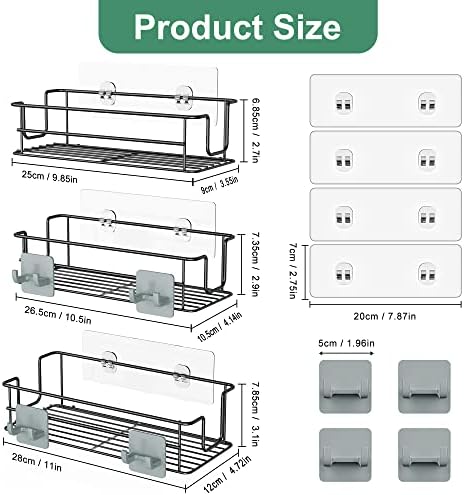 Thideewiz 3 חבילה דבק מקלחת תלויה מקלחת, 2.7-3.1 אינץ 'מארגן אמבטיה נירוסטה, מדפי מקלחת מלוטשים שחורים עם 4