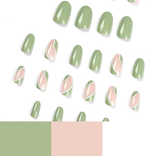 אקריליק עיתונות על ציפורניים בינוני שקדים בצורת מזויף ציפורניים ירוק מלא כיסוי שווא ציפורניים עם עיצובים סנט