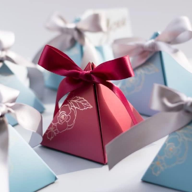 קופסת ממתקים פירמידה משולשת חדשה של קריסדרלובבי חתונה רוז נייר קופסאות מתנות עם כרטיס ושקיות סוכריות סרט לאורחים
