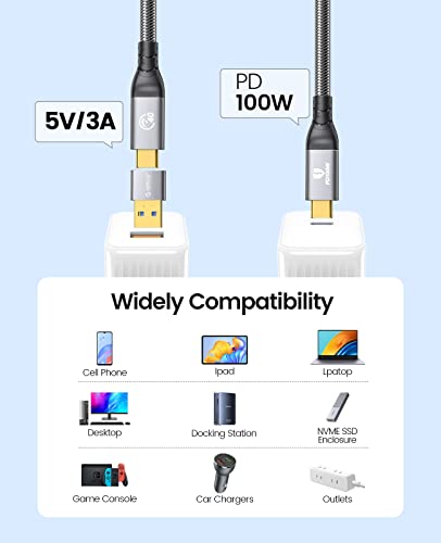 Orico USB C ל- USB C כבל 100W 40GBPS, 2 ב 1 כבל USB4 קלוע, USB C ל- A/C עם טעינה מהירה, פלט וידאו 4K למחשב נייד,