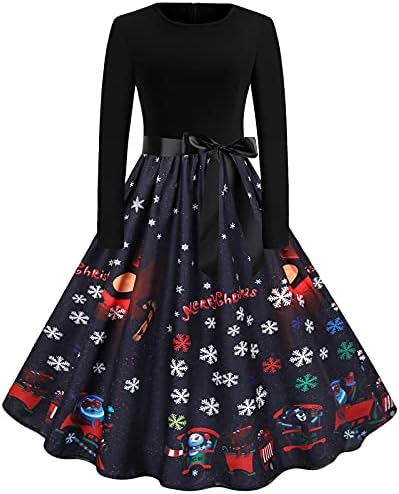 2022 שמלות קוקטייל לחג המולד שמלת מסיבת שרוול ארוך לנשים שורה חג המולד פתית שלג הדפס MIDI SWOWN שמלת נשף