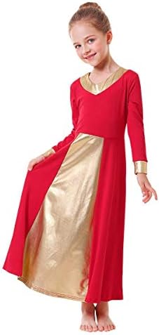 IBAKOM בנות מטאליות זהב V-צווארון שמלות ריקוד שבחים כנסייה ליטורגית רופפת בכושר אורך מלא בלוק בגדי ריקוד לבגדי