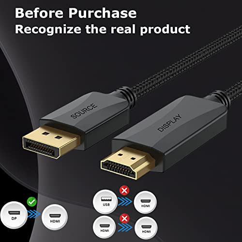 4K DisplayPort לכבל HDMI 5 -חבילה, 6 רגל DP ל- HDMI מתאם כבל קלוע זכר לזכר תומך בווידיאו ושמע -לא דו כיווני