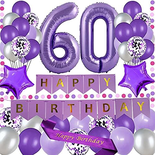 יוג'יאונלי קישוטי מסיבת יום הולדת 60 סגול יום הולדת שמח באנר נייר סגול 40 אינץ '60 יום הולדת שמח