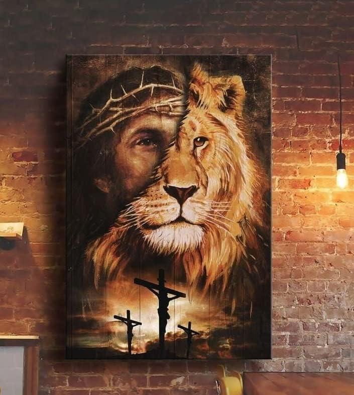 שילוב מדהים אריה וישוע ציור פוסטר, נייר פוסטרים של אלוהים ישו, מתנה דתית לנוצרי משפחתי, נייר צילום ברק פרימיום,