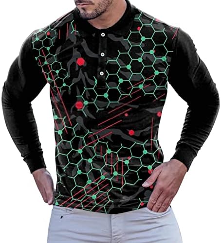 חולצות פולו דיגיטליות של ZDDO 3D לגברים, סתיו שרוול ארוך כפתור מזדמן כפתור צוואר שריר צוואר דק טניס ספורט