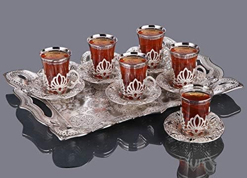משקפי תה ערבית טורקית של Lamodahome סט של 6 עם צלוחיות ומחזיקים עם מגש הגשה- סט מפואר בכסף עבודת
