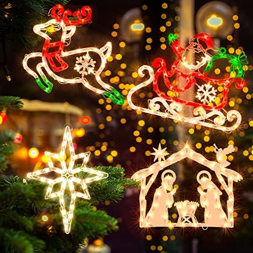 Twinglehome 4 Pack 50L חלון חג המולד צללית אורות קישוטי, כולל: צבי X1, סנטה ומזחלת X1, הילידות X1, כוכב בית