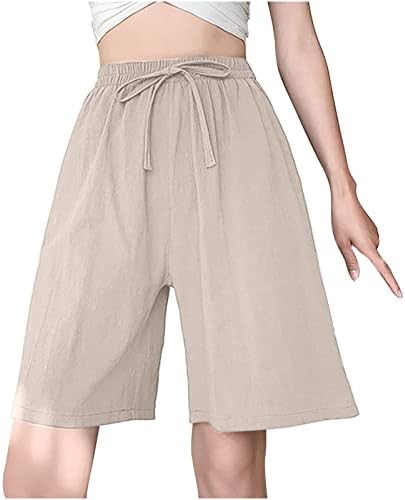 מכנסי שרוך מזדמנים של נשים קצרות קיץ כותנה פשתן רגל רחבה אורך ברך קצרים