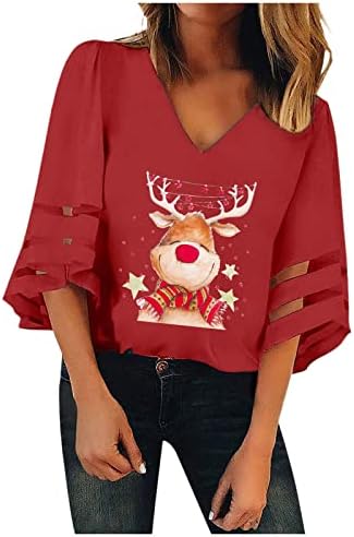 חולצות חג מולד לנשים הכי טוב מכוערות לחג המולד V-צווארון חולצות רשת איילים רופפים סנטה סווטשירט מודפס