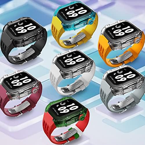 SJSW 45 ממ 44 ממ ערכת שינוי שקוף מארז ללהקה של Apple Watch Fluororubber Strap ערכת Mod Mod