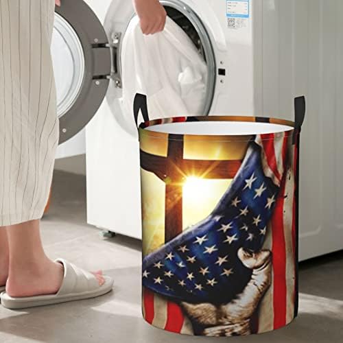 אמריקאי הנצרות צלב פטריוטית דגל כביסת עגול כביסה סל מתקפל אחסון סלי שינה אמבטיה סל