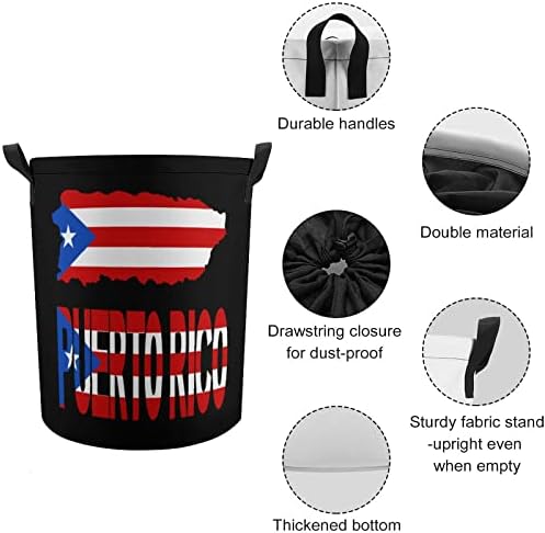 מפת דגל של פורטו ריקו עגול שק כביסה עמיד למים אחסון סל עם שרוך כיסוי ידית