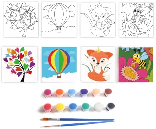 סט צבע אקרילי אוסמילי לילדים - 4 לוחות בד ציור מראש סטנסיל 8 על 8 אינץ ' עם 12 צבעים 2 מברשות
