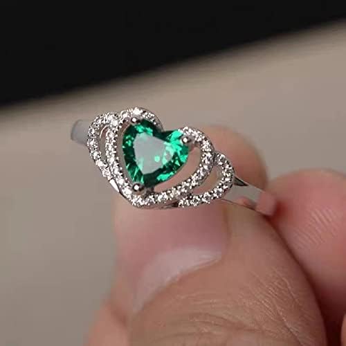 טבעת זירקון ירוקה ללב כפול לנשים 925 טבעת אמרלד מדומה טבעת צורת לב טבעות זירקוניה מעוקב