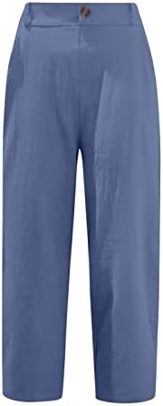 מכנסי נשים Uqrzau עם כיסים 2023 מכנסיים בצבע אחיד פשתן כותנה רופפת מותניים גבוהים עבודות מכנסיים קצוצים,