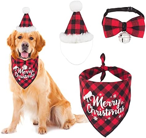 חג המולד כלב בנדנה כובע עניבת פרפר, אדום משובץ כלב כריסטמה בנדנה משולש צעיף כלב חג המולד תלבושת