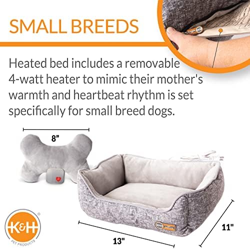 מוצרי חיות מחמד של K & H מיטת כלבים מחוממת של פעימות לב עם כרית עצם צעצוע גור פעימות לב, גור