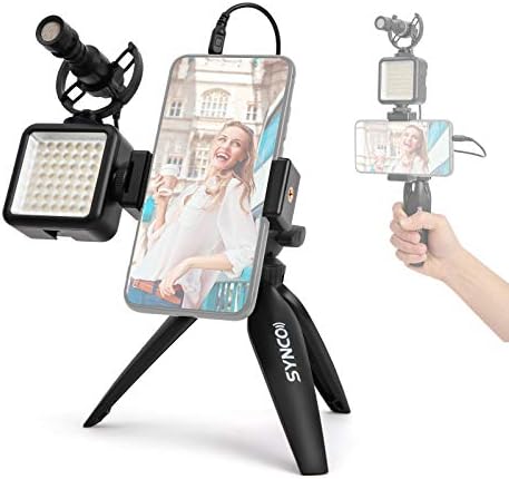 סמארטפון-מצלמה-וידיאו-מיקרופון-וולוגינג-ערכה, Synco Vlogger Kit 2 מיקרופון רובה ציד עם אור LED, מיני חצובה, ראש