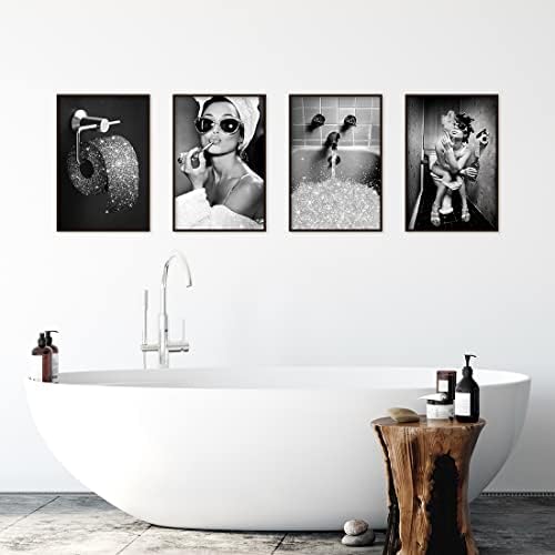 הדפסים לאמנות קיר עיצוב אמבטיה גליטר רקמות נצנצים יצירות אמבטיה לקיר שחור ולבן אופנה מודרנית נשים