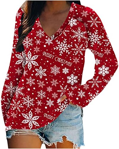 נשים טוניקת חולצות חמוד חג המולד שלג הדפסת קפלים צוואר ארוך שרוול חולצה גבירותיי חולצה למעלה נקבה