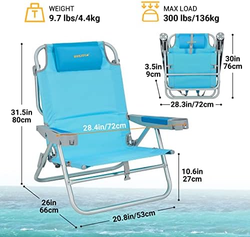 כיסא חוף תרמיל גדול במיוחד, 5 כסאות חוף מתקפלים מתכווננים למבוגרים,כיסא נמוך גב גבוה נייד עם רצועת