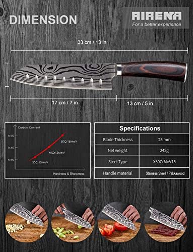 סכין שף של Airena Santoku - סכין מטבח יפנית בגודל 7 אינץ