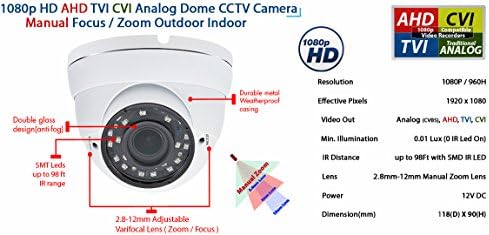 Evertech 8 יח '. HD 1080P AHD TVI CVI ומצלמת אבטחה אנלוגית CCTV מקורה יום לילה חיצוני יום ראייה 2.8-12 ממ