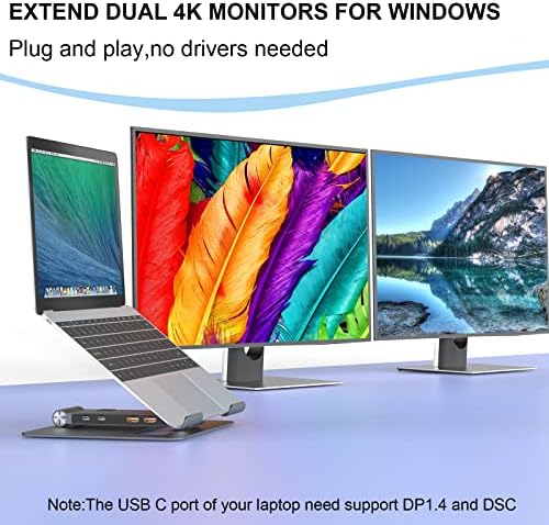 עמדת מחשב נייד של USB C עגינה, מעמד טבליות Wavlink עם רכזת USB C, כפול 4K HDMI, 2 USB 3.0, Gigabit Ethernet,