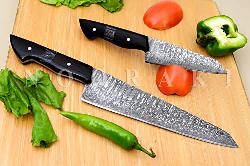 NOORAKI KS-337 יד סכין פלדה מזויף של שף פלדה 2 סכין 2 חתיכות עם דפוס סולם יפהפה ונדן עור פרה,