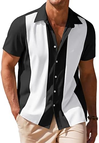 חולצת באולינג וינטג 'קואופנדי גברים מזדמנים כפתור שרוול קצר במורד חולצת החוף בקיץ
