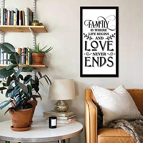22x12in שלט עץ חיובי אומר משפחה היא המקום בו החיים מתחילים ואהבה אף פעם לא מסתיימת פסוקי מסגרת