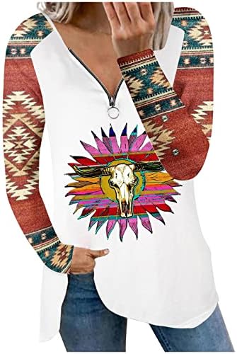נשים מקרית רוכסן צווארון חולצות בציר מערבי האצטקים אתני הדפסת חולצות בתוספת גודל ארוך שרוול טוניקת