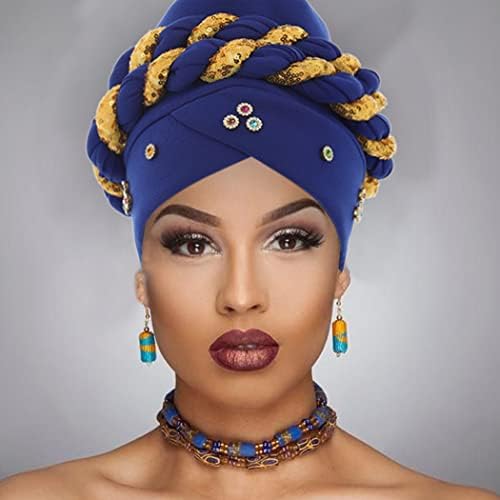 פאייטים אפריקאי טורבן כחול קריסטל כיסוי ראש צמת ראש כיסוי לעטוף מראש קשור בארה ' ב לנשים