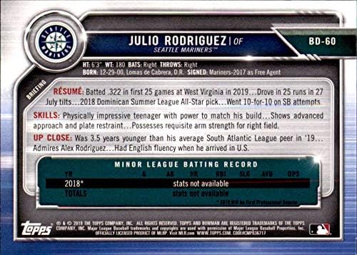 2019 Bowman Draft Baseball BD-60 julio Rodriguez Seattle Mariners הרשמי של כרטיס המסחר MLB