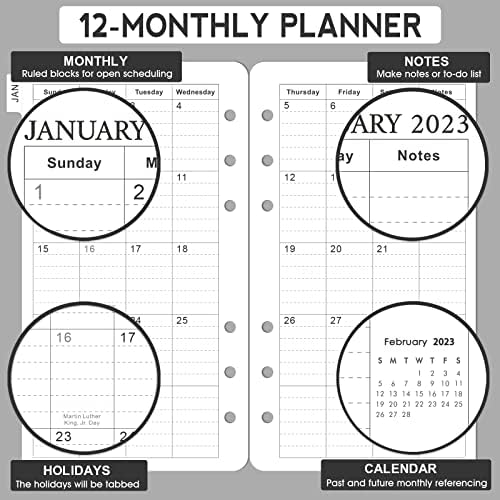 2023 מילוי מתכננים - מילוי מתכננים 2023, 3-3/4 x 6-3/4, 2023 מילוי מתכנן שבועי וחודשי עבור A6 Binder, Jan.2023