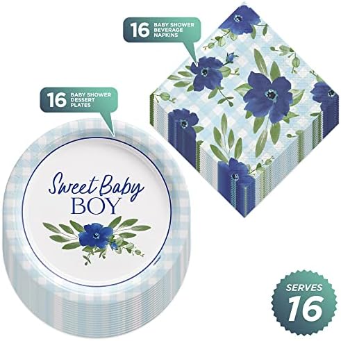 בית & מגבר; מסיבת מקלחת תינוק הופלה תינוק בפריחה ג ' ינגהם הכחול & מגבר; צלחות קינוח נייר פרחוניות ומפיות