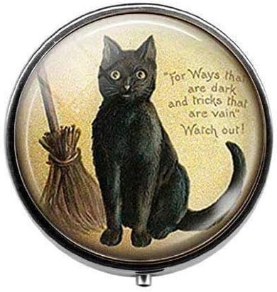 שחור חתול עם מטאטא מכשפה חתלתול - אמנות תמונה גלולת תיבת - קסם גלולת תיבת - זכוכית סוכריות תיבה