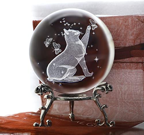 HDCRYSTALGIFTS כדור גביש חתול עם סטנד לייזר 3D חרוט אמנות דקורטיבית כדור קריסטל כדור זכוכית משקל נייר