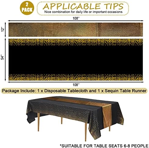מפת שולחן זהב שחור ורץ לשולחן סט לשולחנות מלבנים, רץ לשולחן נצנצים לייזר בגודל 12 על 108 אינץ 'ובד שולחן