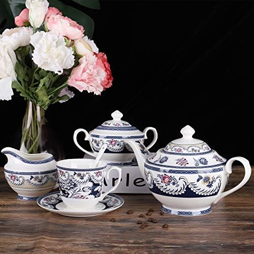 FANQUARE 15 חלקים כחולים וינטג 'ערכת תה חרסינה ל 6, מערך מסיבות תה לנשים, סט קפה פרחוני סט Sercive עבור